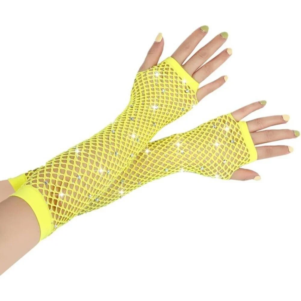 Women's Rhinestones Yellow Fingerless Fishnet Mesh Long Gloves Party Cosplay